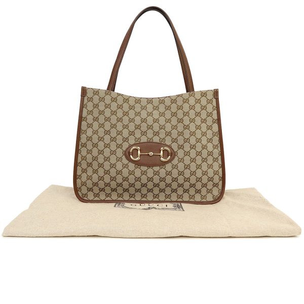 200008161019 2 GUCCI Horsebit 1955 GG Canvas Leather Tote Bag Beige Brown