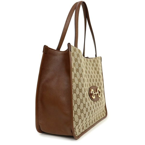 200008161019 4 GUCCI Horsebit 1955 GG Canvas Leather Tote Bag Beige Brown