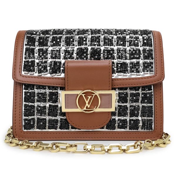 200008765019 LOUIS VUITTON Dauphine MINI Chain Calfskin Leather Metal Beads Handbag Brown Black