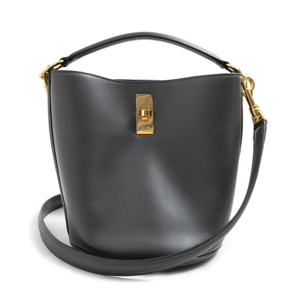 200008911019 Celine Bucket 2way Shoulder Handbag Crossbody Calfskin Leather Dark Gray Gold Hardware