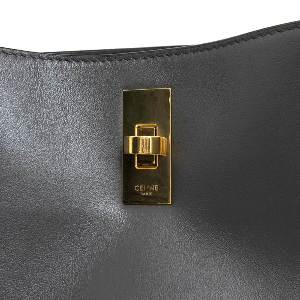 200008911019 10 Celine Bucket 2way Shoulder Handbag Crossbody Calfskin Leather Dark Gray Gold Hardware