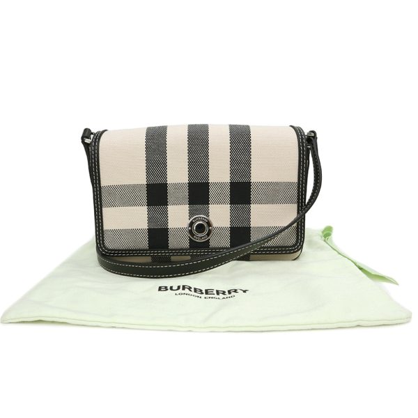 200009020019 2 Burberry Mini Check Notebook Cotton Jacquard Canvas Calfskin Leather Crossbody Shoulder Bag Black White