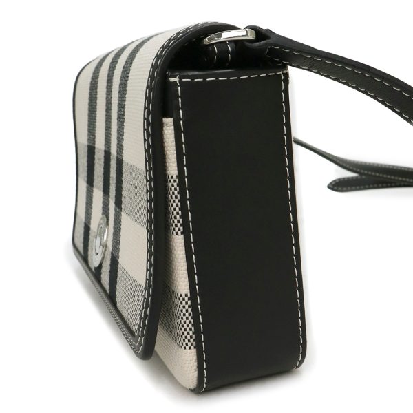 200009020019 4 Burberry Mini Check Notebook Cotton Jacquard Canvas Calfskin Leather Crossbody Shoulder Bag Black White