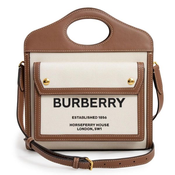 200009241019 Burberry Mini Pocket 2Way Cotton Canvas Calfskin Leather Handbag Crossbody Shoulder Natural Malt Brown