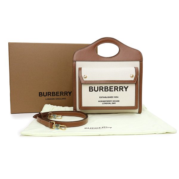 200009241019 2 Burberry Mini Pocket 2Way Cotton Canvas Calfskin Leather Handbag Crossbody Shoulder Natural Malt Brown