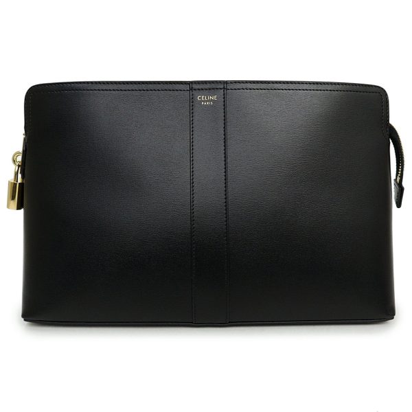 200009243019 Celine Lock Toiletry Pouch Clutch Bag Calfskin Leather Black Gold Hardware