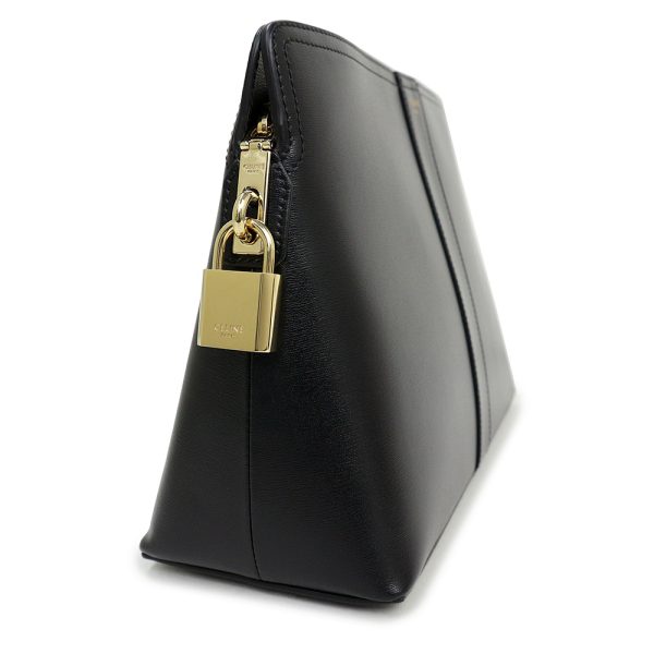 200009243019 4 Celine Lock Toiletry Pouch Clutch Bag Calfskin Leather Black Gold Hardware