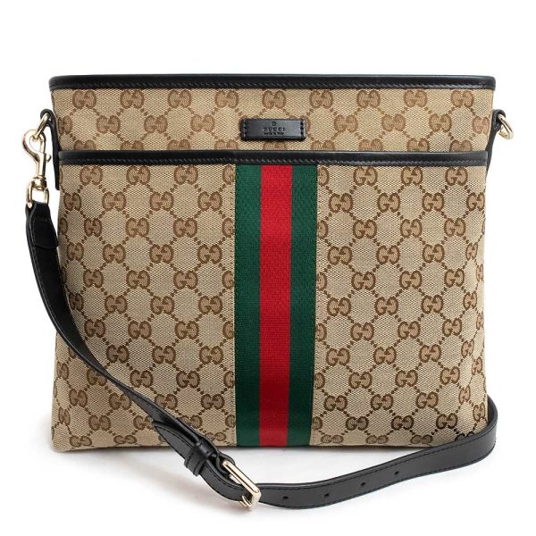 200009268019 GUCCI GG Canvas Calfskin Leather Crossbody Shoulder Bag Beige Black