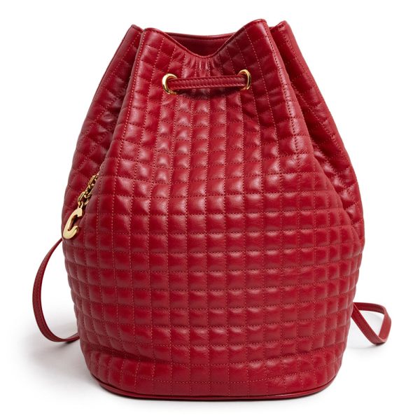 200009712019 Celine Small Backpack Rucksack Daypack Drawstring Calfskin Leather Red Gold Hardware