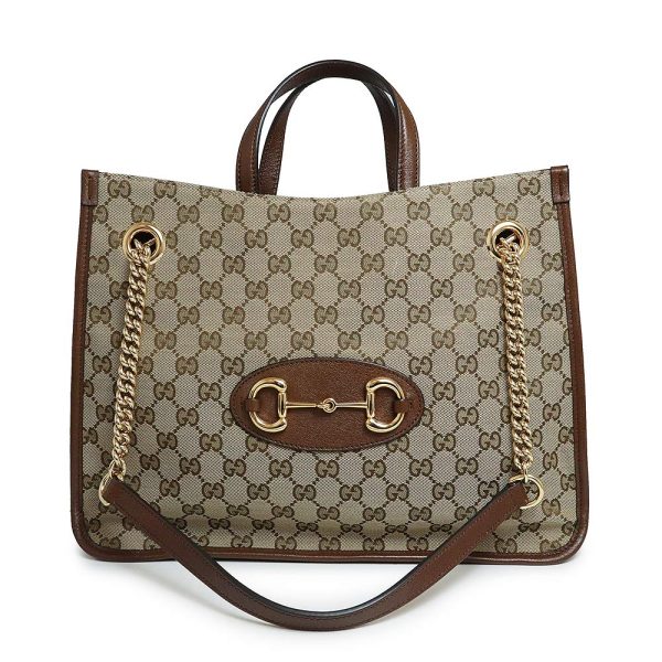 200010723019 GUCCI Horsebit 1955 2WAY Chain Medium GG Canvas Leather Tote Handbag Beige Brown