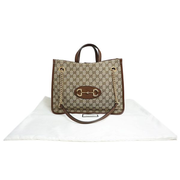 200010723019 2 GUCCI Horsebit 1955 2WAY Chain Medium GG Canvas Leather Tote Handbag Beige Brown