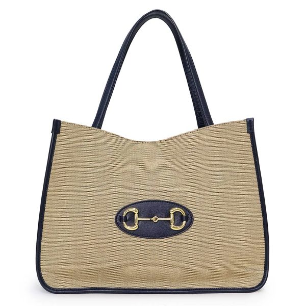 200010881019 GUCCI Horsebit 1955 Japan Limited Leather Vintage Canvas Tote Bag Beige Navy