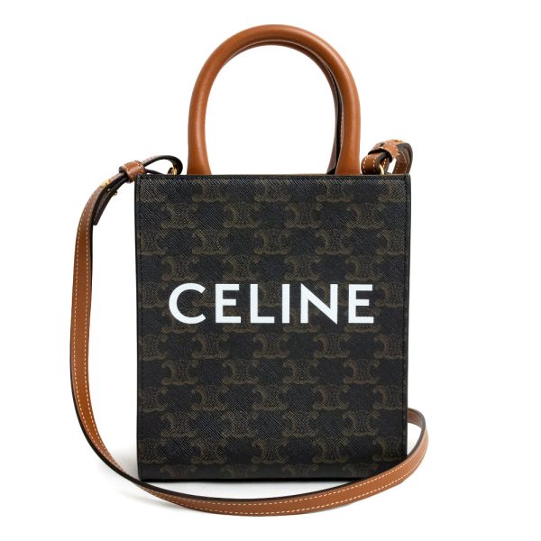 200011207019 Celine Mini 2way Shoulder Handbag Crossbody Canvas Calfskin Leather Tan Brown Gold Hardware