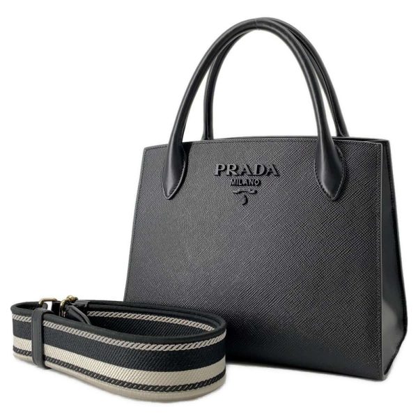 9346567 01 Prada Saffiano Monochrome Leather Handbag Black