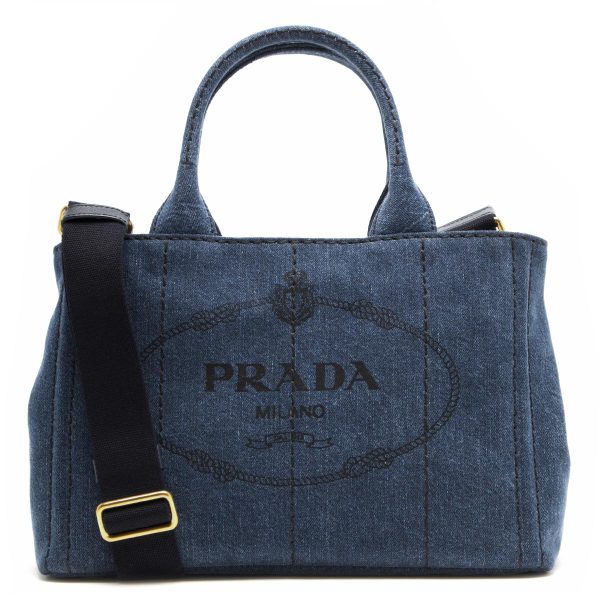 1 Prada Tote Bag Shoulder Bag Triangle Logo Plate Denim Blue