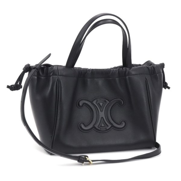 1 Celine Small Cabas Drawstring Cuir Triomphe Leather 2 way Bag Handbag Black