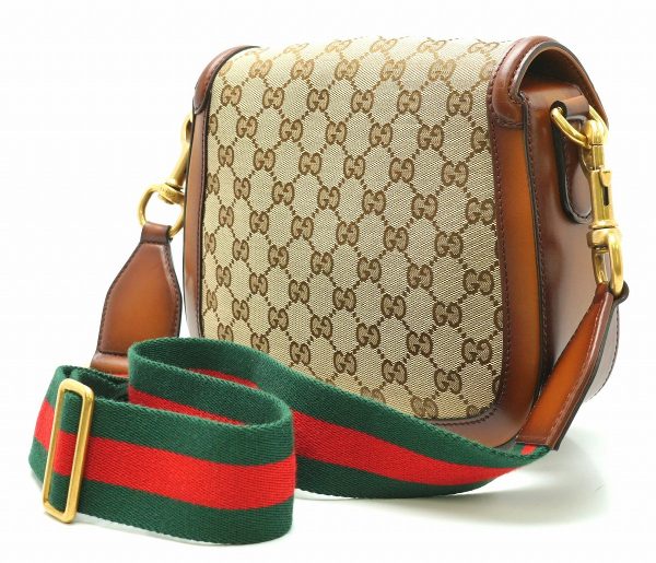 11642059 1 GUCCI Horsebit GG Canvas Leather Shoulder Bag Brown