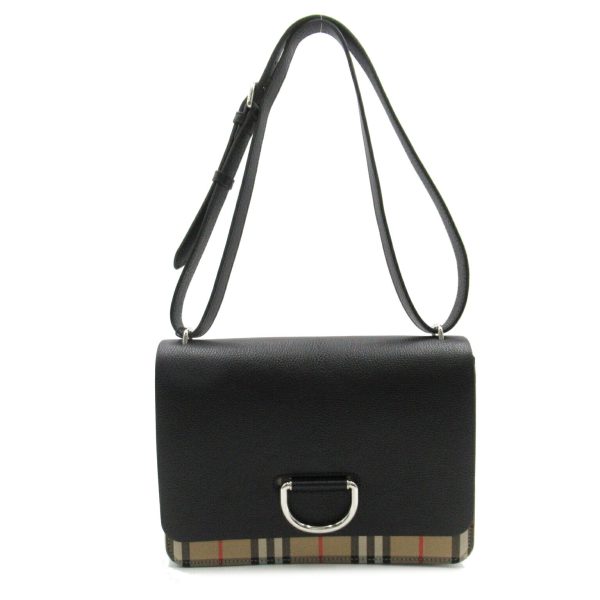 2104102259958 1 Burberry Check Pattern Shoulder Bag Leather Black