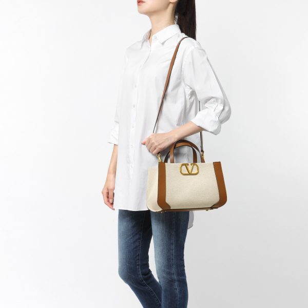 32387 8 Valentino Womens Shoulder Bag Small Canvas Tote Bag BeigeBrown