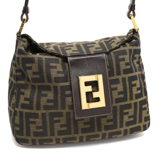 5300021884100575 1 Fendi Zucca FF Motif Jacquard Canvas Leather Shoulder Bag Khaki Brown