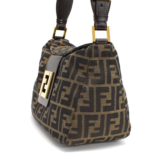 5300021884100575 2 Fendi Zucca FF Motif Jacquard Canvas Leather Shoulder Bag Khaki Brown