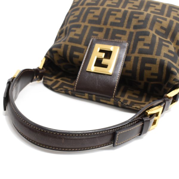 5300021884100575 7 Fendi Zucca FF Motif Jacquard Canvas Leather Shoulder Bag Khaki Brown