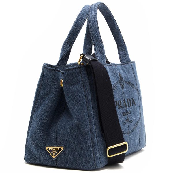 7 Prada Tote Bag Shoulder Bag Triangle Logo Plate Denim Blue