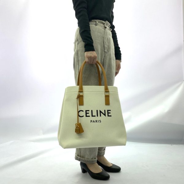 7 Celine Horizontal Cabas Logo Leather Tote Bag WhiteBrown