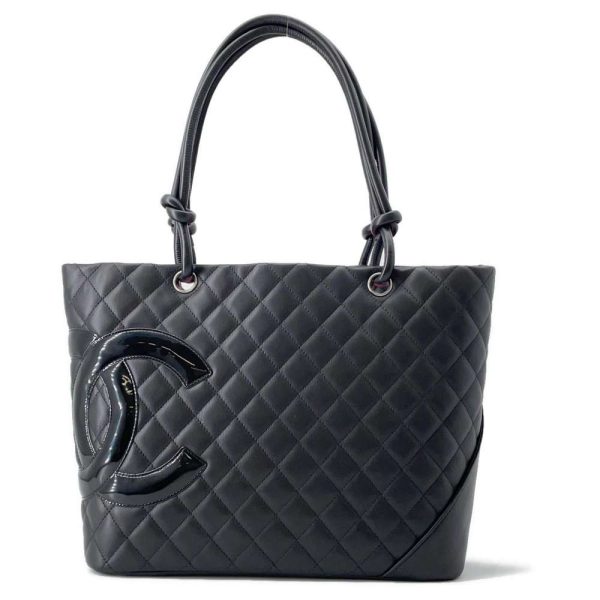 9431225 01 Chanel Cambon Line Large Tote Coco Mark Calfskin Patent Black