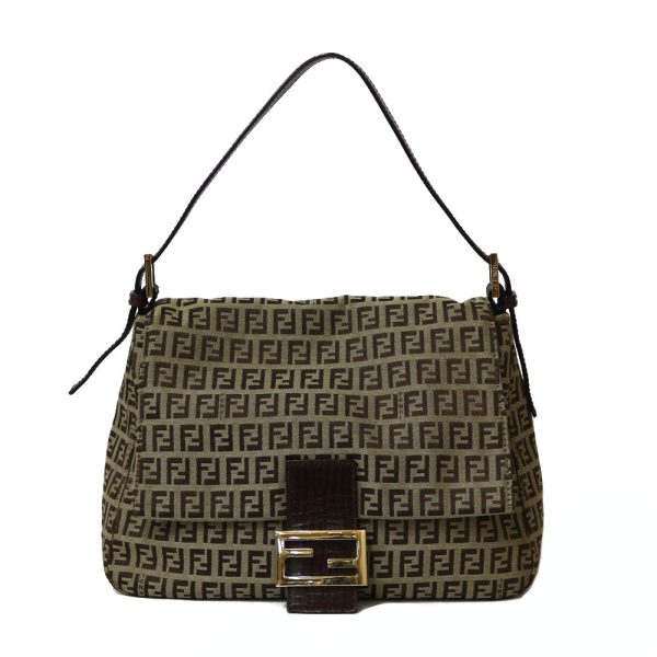 brb36010971 1 FENDI Mamma Baguette Zucchino Canvas Shoulder Bag Brown