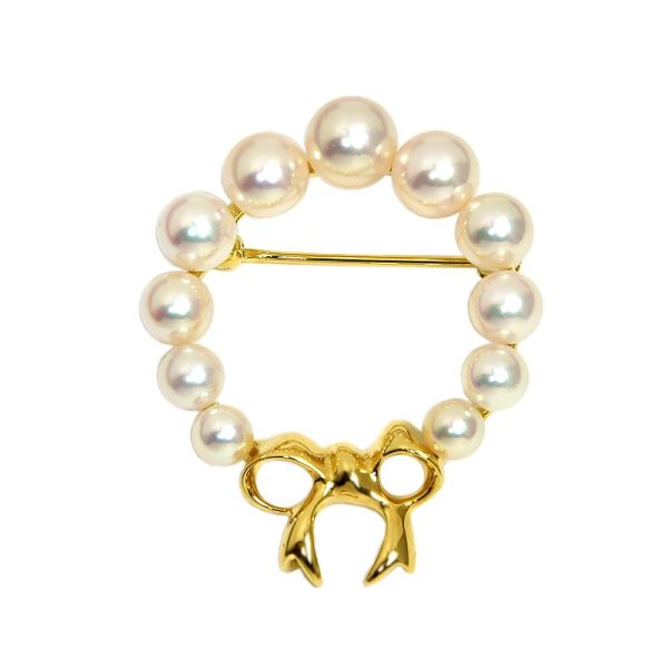 c240900039938 Tiffany Co Pearl Brooch K18YG Gradient Wreath Bouquet Ribbon Motif Yellow Gold