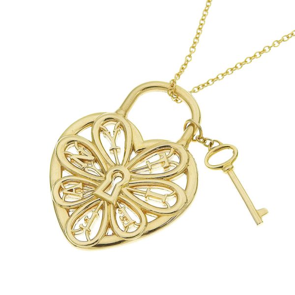 c240900039962 Tiffany Filigree Heart Key Necklace K18YG New Finished Yellow Gold Key Pendant Jewelry