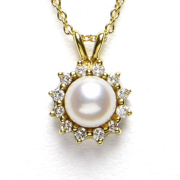 c240900044299 Tiffany Co 5mm Pearl Diamond Necklace K18YG 02ct Yellow Gold Pendant