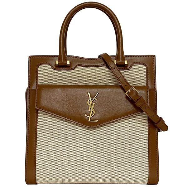 f 19175 1 Saint Laurent 2way Bag Uptown Brown Beige Shoulder Canvas Leather Handbag Pouch Small