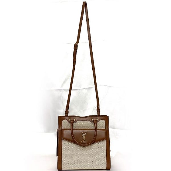 f 19175 2 Saint Laurent 2way Bag Uptown Brown Beige Shoulder Canvas Leather Handbag Pouch Small