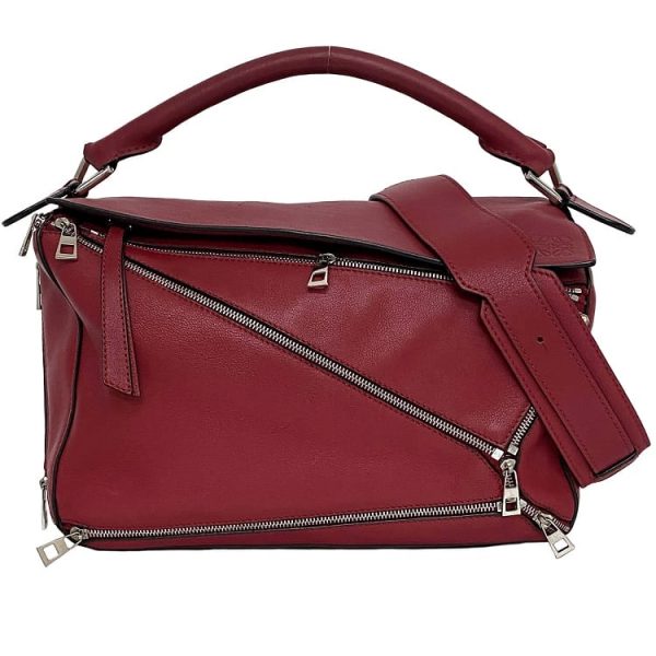 f 19176 1 Loewe 2way Puzzle Bag Medium Zip Red Silver Zipper Leather Shoulder Bag