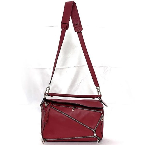 f 19176 2 Loewe 2way Puzzle Bag Medium Zip Red Silver Zipper Leather Shoulder Bag