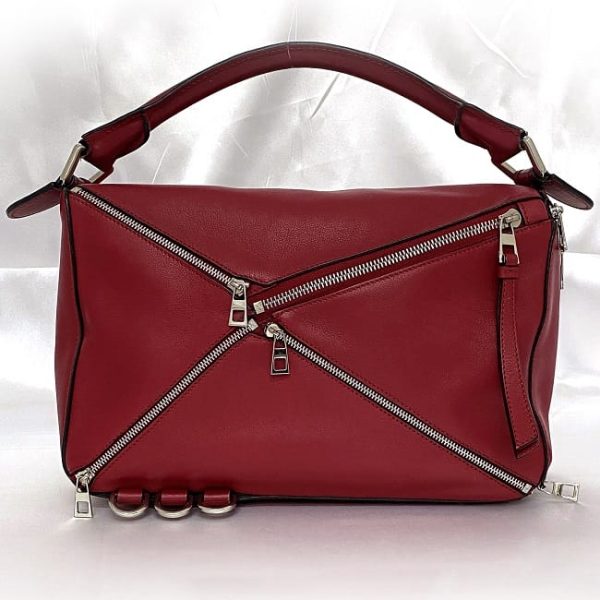 f 19176 4 Loewe 2way Puzzle Bag Medium Zip Red Silver Zipper Leather Shoulder Bag