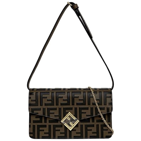 f 20403 1 Fendi 2way Chain Shoulder Bag Brown FF Diamond Zucca Leather Semi Shoulder Embossed