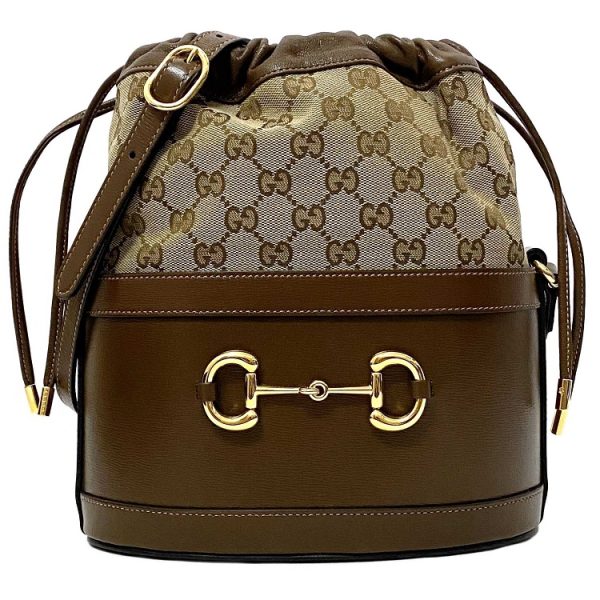 f14533 1 Gucci Bucket Bag Brown Beige Gold Canvas Leather GG Drawstring Shoulder Crossbody