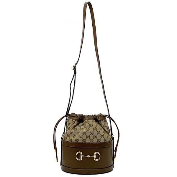 f14533 2 Gucci Bucket Bag Brown Beige Gold Canvas Leather GG Drawstring Shoulder Crossbody