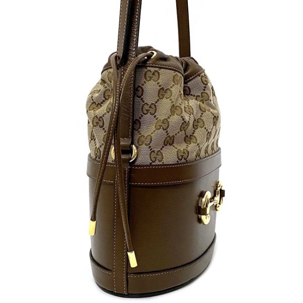 f14533 3 Gucci Bucket Bag Brown Beige Gold Canvas Leather GG Drawstring Shoulder Crossbody
