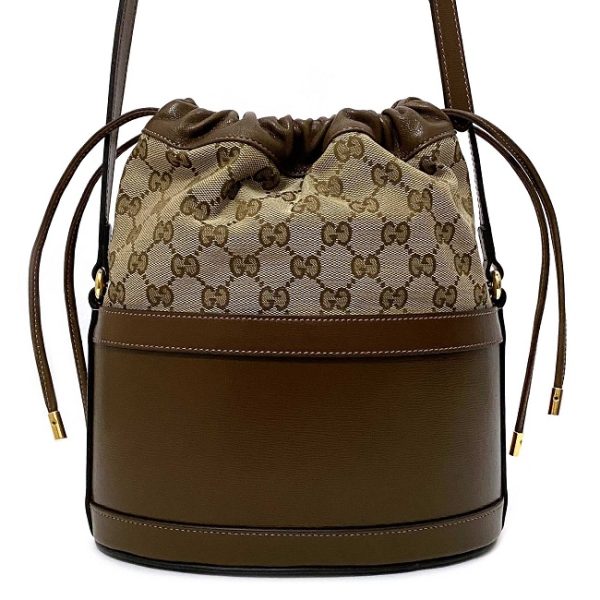 f14533 4 Gucci Bucket Bag Brown Beige Gold Canvas Leather GG Drawstring Shoulder Crossbody