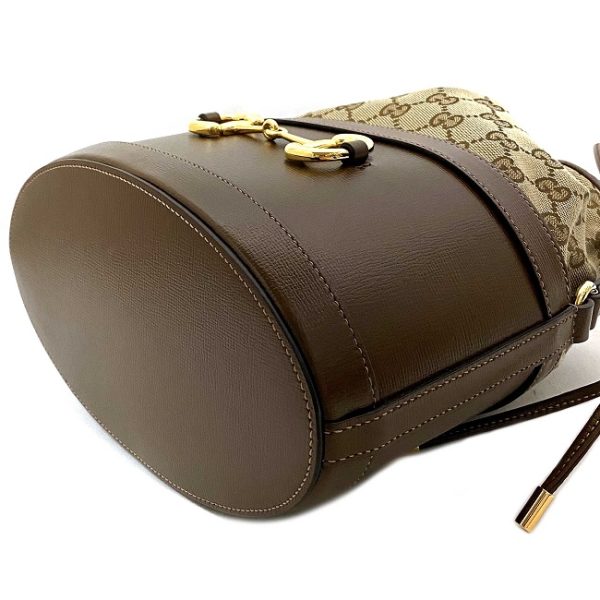 f14533 6 Gucci Bucket Bag Brown Beige Gold Canvas Leather GG Drawstring Shoulder Crossbody