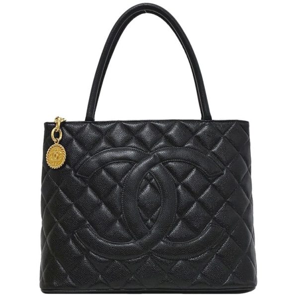 f17574 1 Chanel Reprinted Tote Bag Leather Caviar Skin Black Coco Mark Zipper Top Handle