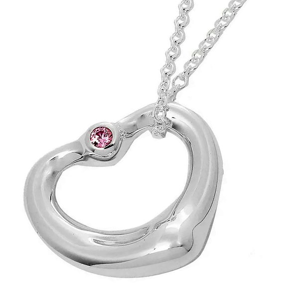 tf antf00234l 1 Tiffany Co Elsa Peretti Open Heart Pendant Pink Sapphire Silver Necklace