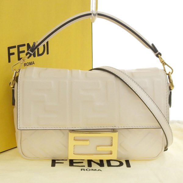 tkh23b0207041 1 FENDI 8BS017 Baguette Small Logo FF Pattern 2WAY Bag Lamb Leather Chain Shoulder Bag Beige