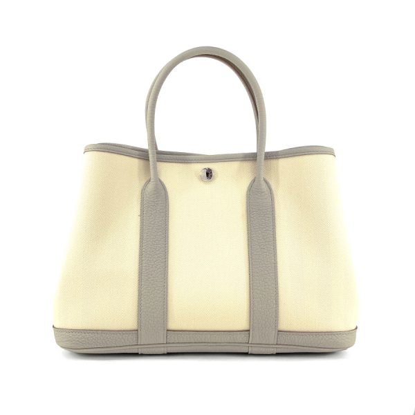 066740ck tc beton 02 HERMES Handbag Tote Bag Garden Party TPM Toile Chevrons Negonda Beton Silver Hardware