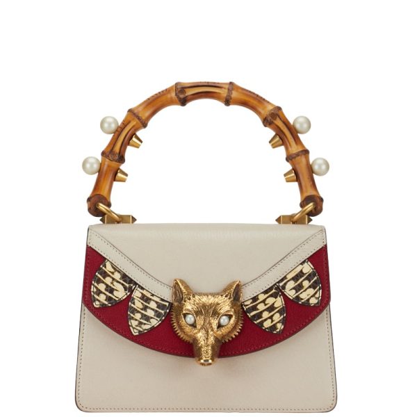 1 0151587 1 Gucci Bamboo Fox Head Handbag Calf Leather White Red