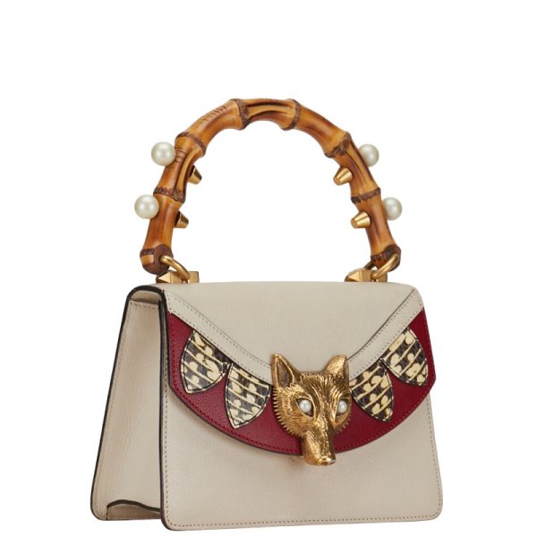 1 0151587 2 Gucci Bamboo Fox Head Handbag Calf Leather White Red